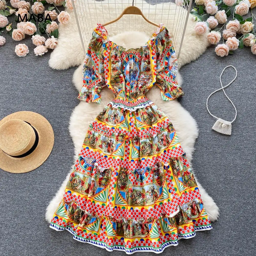 

Luxury Bohemian Dress Women 2022 Summer Slash Neck Puff Short Sleeve Elastic Waist Retro Print Elegant Beach Ruffle Long Dress