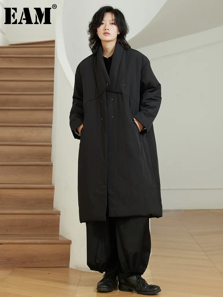 

[EAM]Loose Fit Black Casual Big Size Cotton-padded Long Coat Long Sleeve Women Parkas Fashion New Autumn Winter 2023 1DF3647