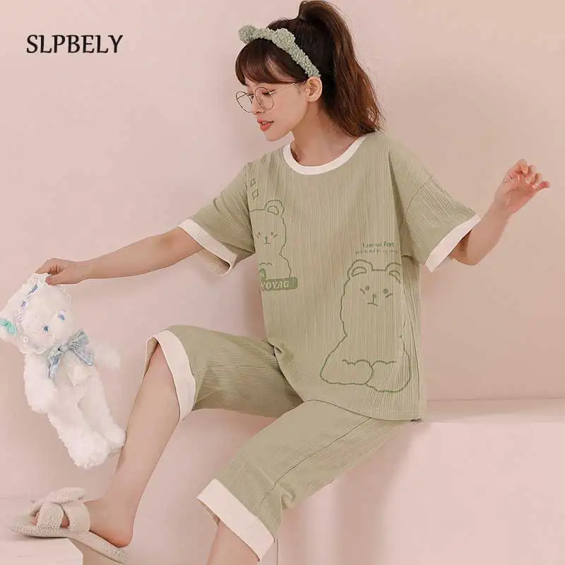 

SLPBELY Summer Women Pajamas Set Homesuit Cartoon Short Sleeve Calf-Length Pant Nightwear Pyjamas Sleepwear Loungewear Nightsuit