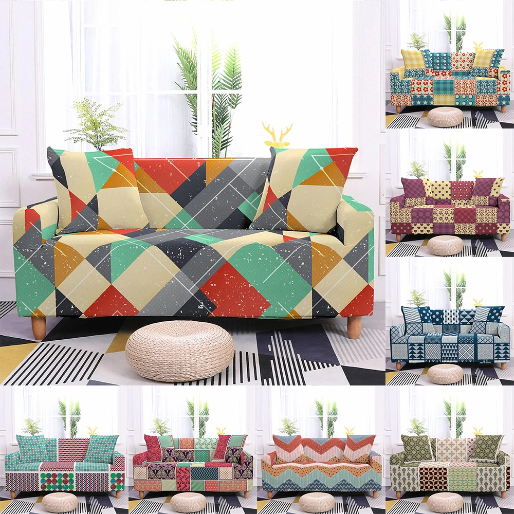 

Эластичный чехол для дивана с геометрическим рисунком для гостиной, цветной чехол для дивана с блочным рисунком, эластичный чехол для диван...