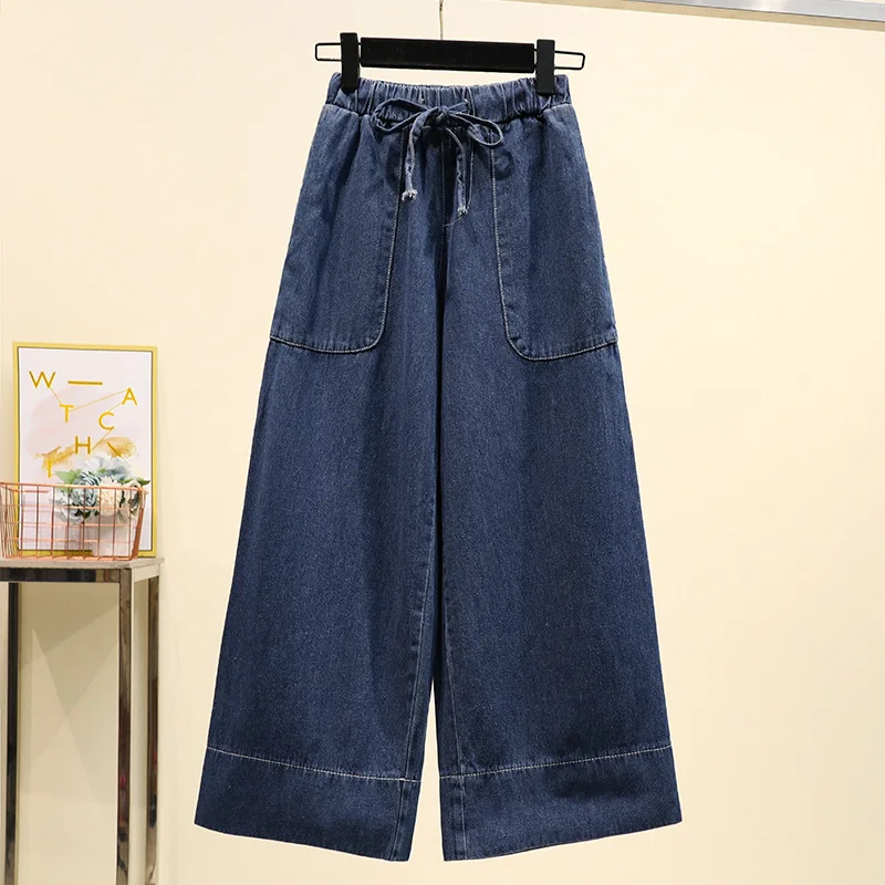 

Large Pocket Denim Pants Spring 2023 New Loose Fit Chic Vintage High Waist Straight Cropped Wide Leg Jeans Women's Fat Sister