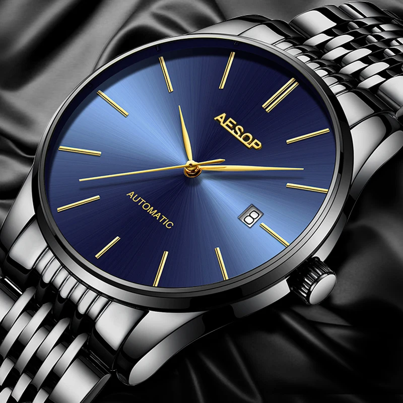

AESOP Brand Blue Dial Automatic Mechanical Watch Men Luxury Black Stainless Steel Business Waterproof Watches Men reloj hombre