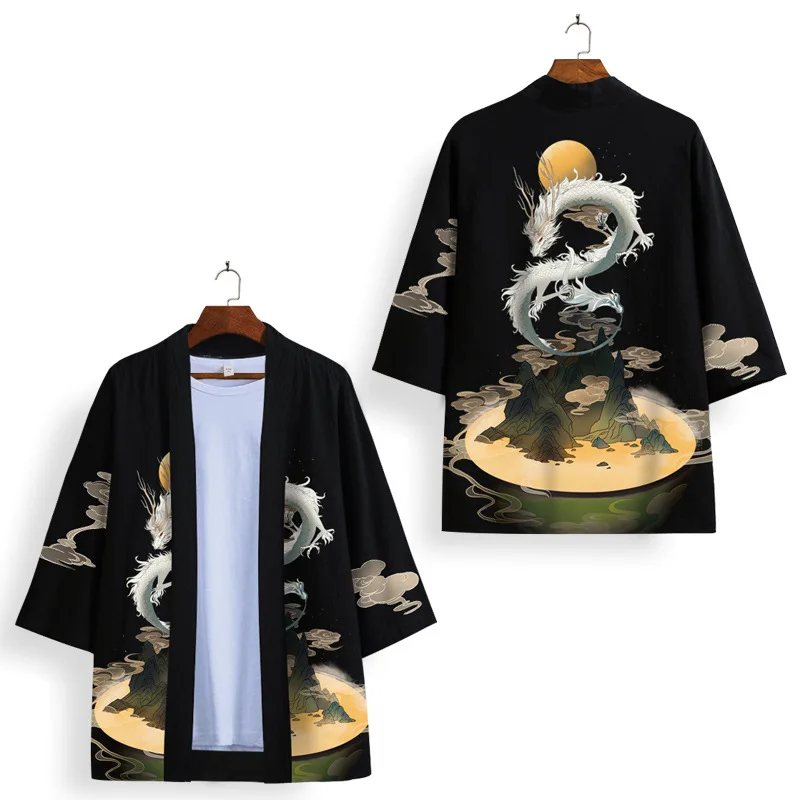 

Chinese Style Print Dragon Unisex Shirt Coat Kimono Traditional Japanese Cardigan Harajuku Samurai Clothing Loose Streetwear