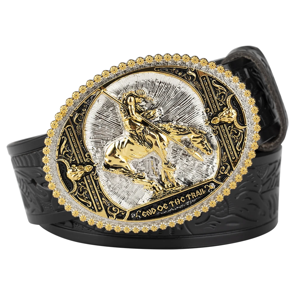 Men's Embossed Leather Belt Soldier Bull Head Gold Buckle Casual Decoration