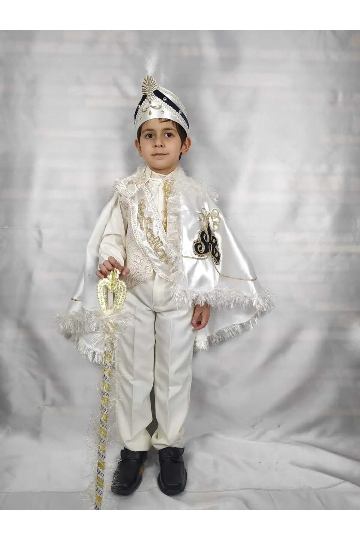 

New 2022-10 Years Old Cream Navy Blue Cloak Prince Model Sunnet Dress Muslim Kids circision Clothes Accessories