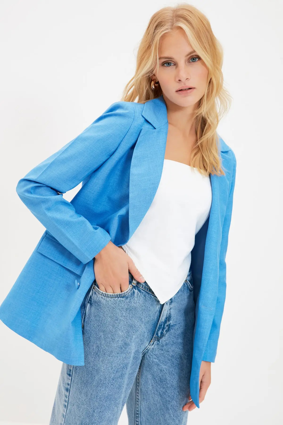 

Blue Button Detail Blazer Jacket Winter 2022 Double Flap Pockets Lined Long Handle Top Bestseller Butter Aerogel Vero Goose Cloak