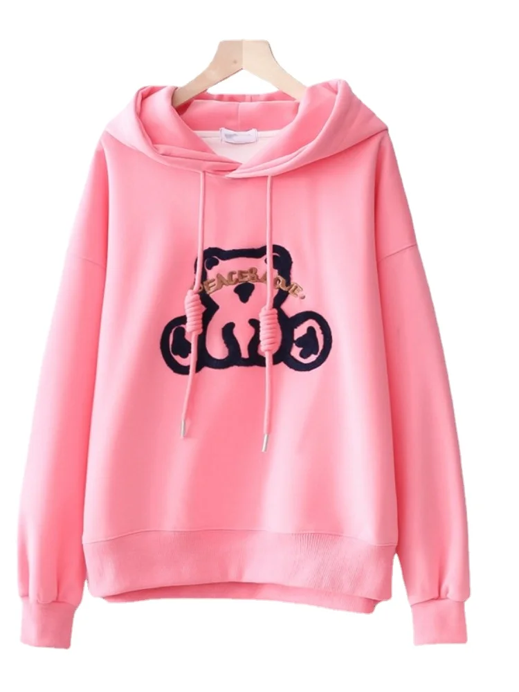 

Cartoon Bear Embrodery Women Pullover Hoodies with Hat 2022 Spring Long Sleeve Casual Drawstring Hooded Sweatershirt