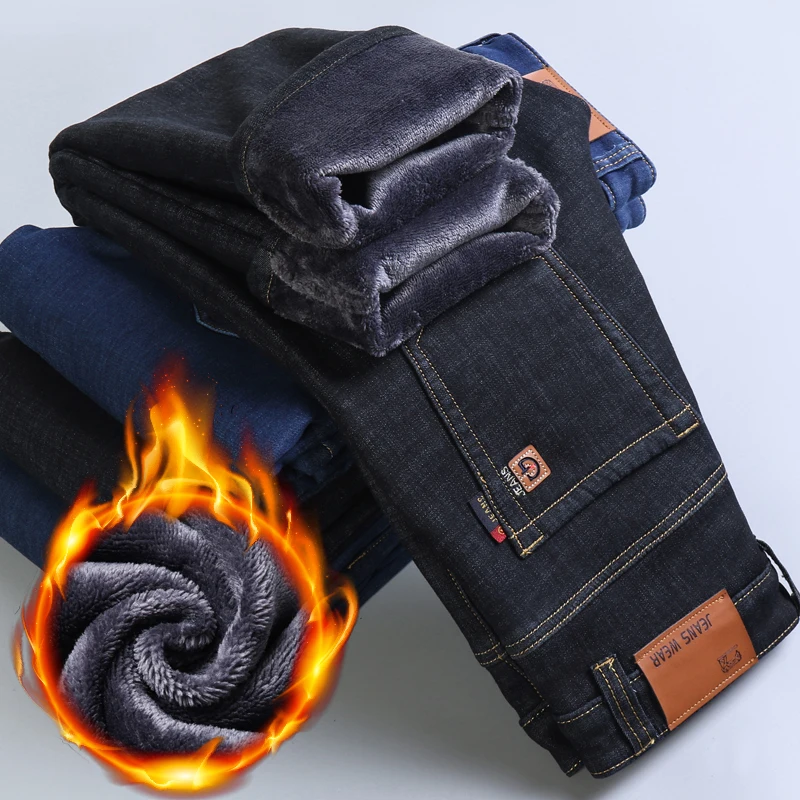 Winter New Jeans With Velvet Men Classic Blue Slim Stretch Cotton Thickened Solid Color Pants Snow Weather Warm Denim Pants 2022
