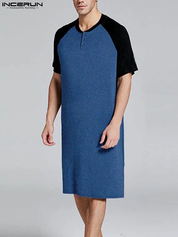 INCERUN Sleep Tops Summer Short Sleeve O-Neck Patchwork Nightgown Men's Sleepwear Dress Pajamas Loose Comfortable Homewear S-5XL