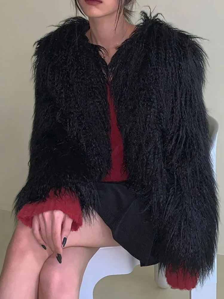 ALLNeon Winter 2022 Vintage 90s Solid Basic Fake Fur Coats Y2K Clubwear Shaggy O-neck Long Sleeve Cropped Jackets Women Cardigan