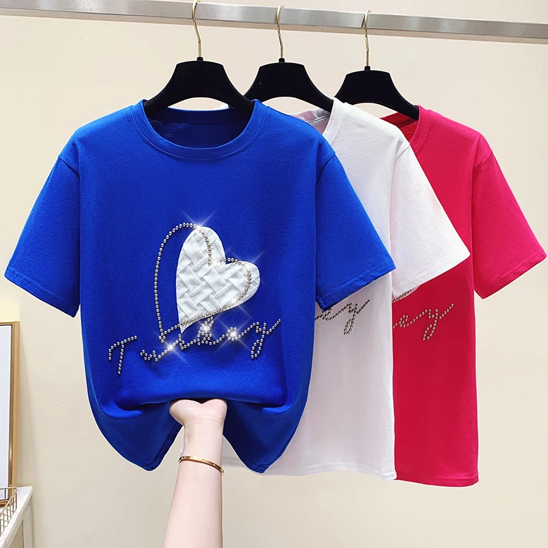 

Harajuku Women Love Beading T-shirts Summer Loose Short Sleeve T Shirts Fashion Office Lady Cotton Tops Tees Female Clothes
