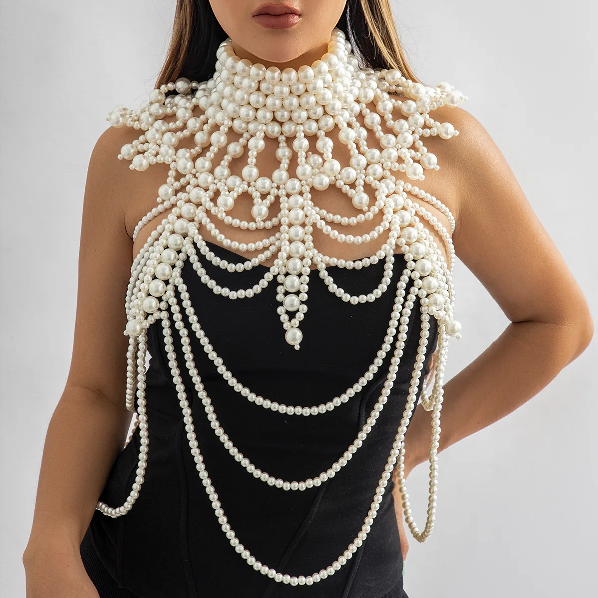 

Dvacaman Exaggerated Layered Handmade Faux Pearl Fringe Shawl Chain For Women Sexy Cutout Body Chain Jewelry Wedding Accessories