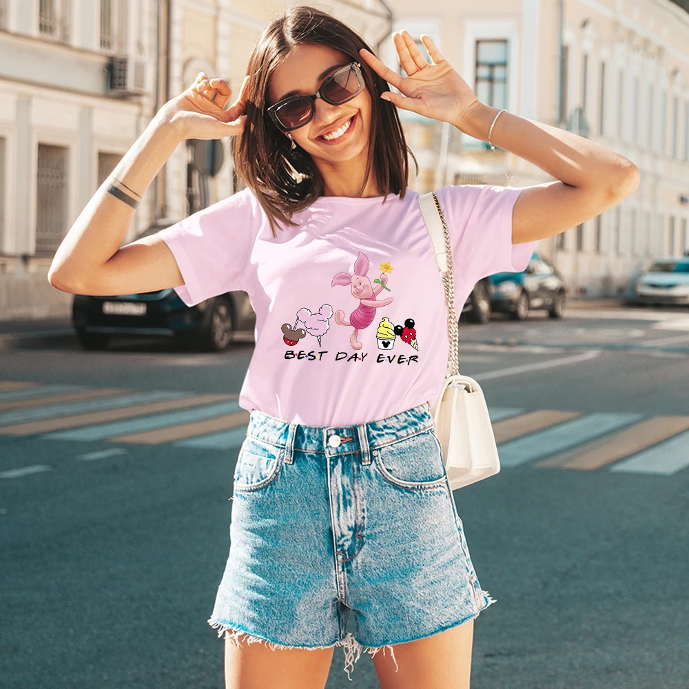 

Disney Cute Piglet Woman T-shirts Winnie the Pooh Cartoon Summer Vacation Best Day Ever Clothes Aesthetic Y2k Short Sleeve Tops