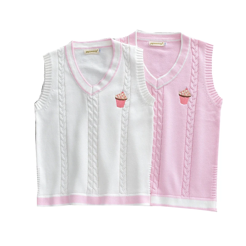 

Вязаный жилет с вышивкой Icecream, повседневные Пуловеры, свитеры с V-образным вырезом, школьная форма JK, Студенческая одежда, 2 цвета, весна-осен...