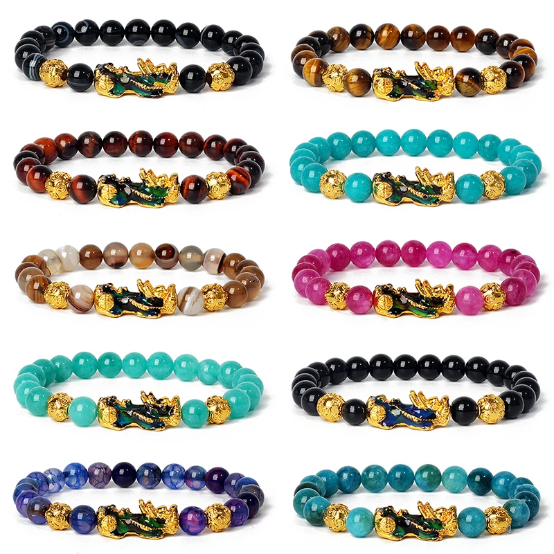 

Feng Shui Pixiu Color Changed Bracelet Men Natural Stone Healing Pi Yao Dragon Beaded Bracelet Women Wealth Health Lucky Jewelry