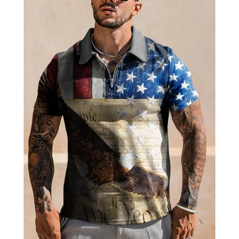 

Men's Zipper Polo Shirts American Independence Day Man Printed Shirts Lapel Button Short Sleeve 3d Pattern Top Everyday Clothing