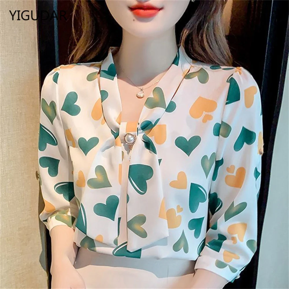 

Sweet Shirts Korean Ladies Fashion Offce Ruffle Sleeve Chiffon Shirt Simple Bow Tie Floral Print Blouse Women Tops Blusas Mujer