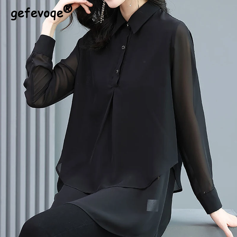 Spring Autumn Korean Style Black Elegant Fashion Double Layer Pullover Casual Chiffon Shirt Women Lapel Long Sleeve Blouse 5XL