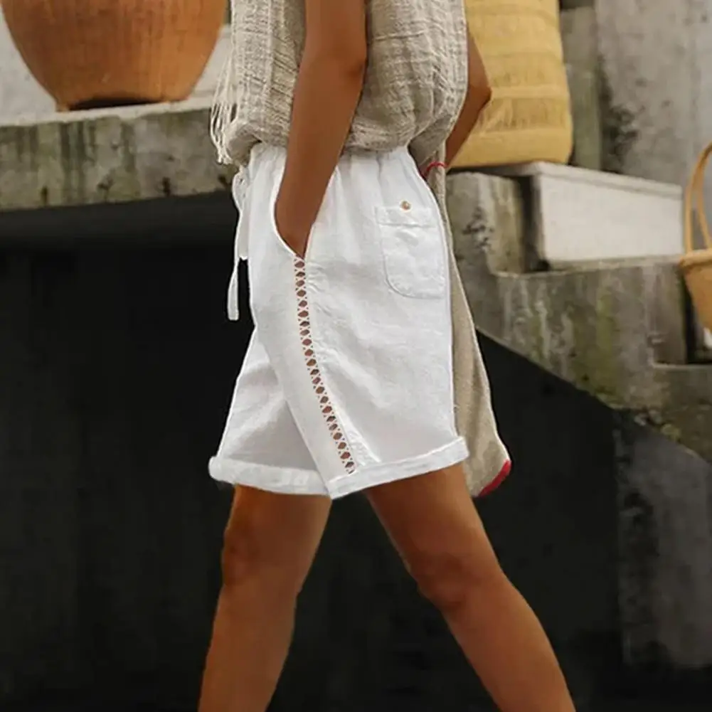 

Women Shorts With Pocket Lace-up Waist Knee Length Short Pants Soft Texture Sweat Absorbing Lace Splice Loose Fit Summer Pants