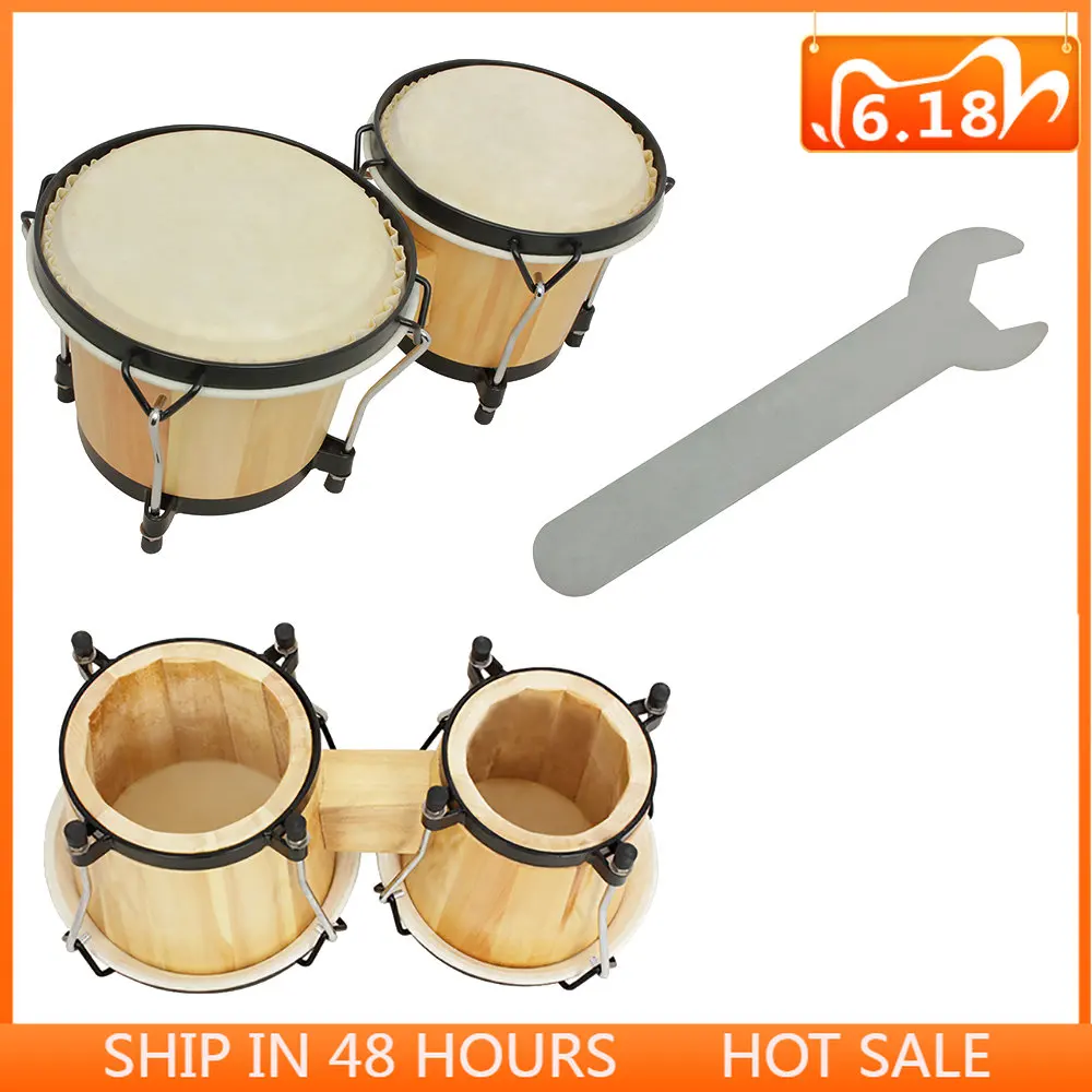 SLADE Bongo Drum Wooden Color Double-drum Percussion Instrument 6 Inches African Jazz Style Tambourine Portable Music Cuban Drum