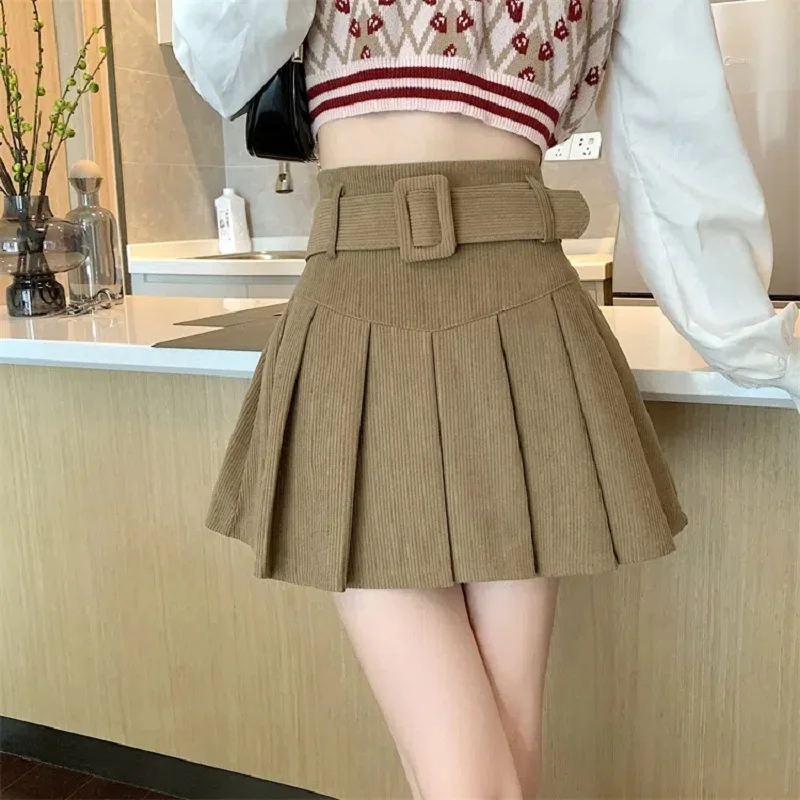 Brand Corduroy Pleated Mini Skirt Women High Waist Korean Fashion A-line Women's Skirt with Belt Retro All-Match Hip Skirts