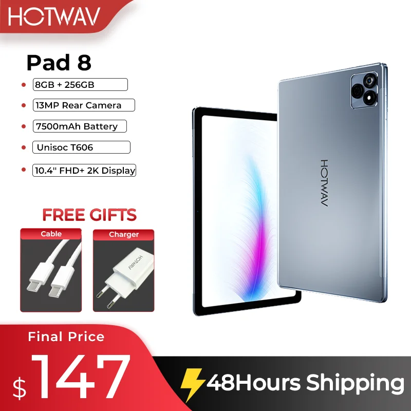 

HOTWAV Pad 8 новейшие планшеты 10,4 ''FHD 2K дисплей 8 ГБ + 256 Гб 13 МП камера Pad Unisoc T606 7500 мАч Android 13 планшетный ПК