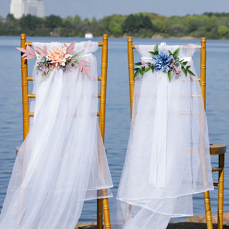

Chair Back Sashes Bouquet Artificial Plant Flower Bandage Cloth Arrangement Chain Decor Wedding Party Decoration