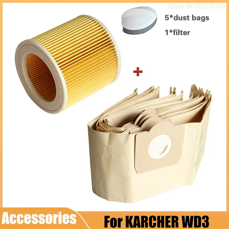 

5X dust bag 1X filter for KARCHER WD3 Premium WD 3,300 M WD 3,200 WD3.500 P 6,959-130 vacuum cleaner