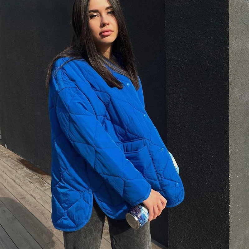 2022 new autumn and winter long-sleeved thick fashion single-breasted casual loose warm blue round neck cotton jacket women