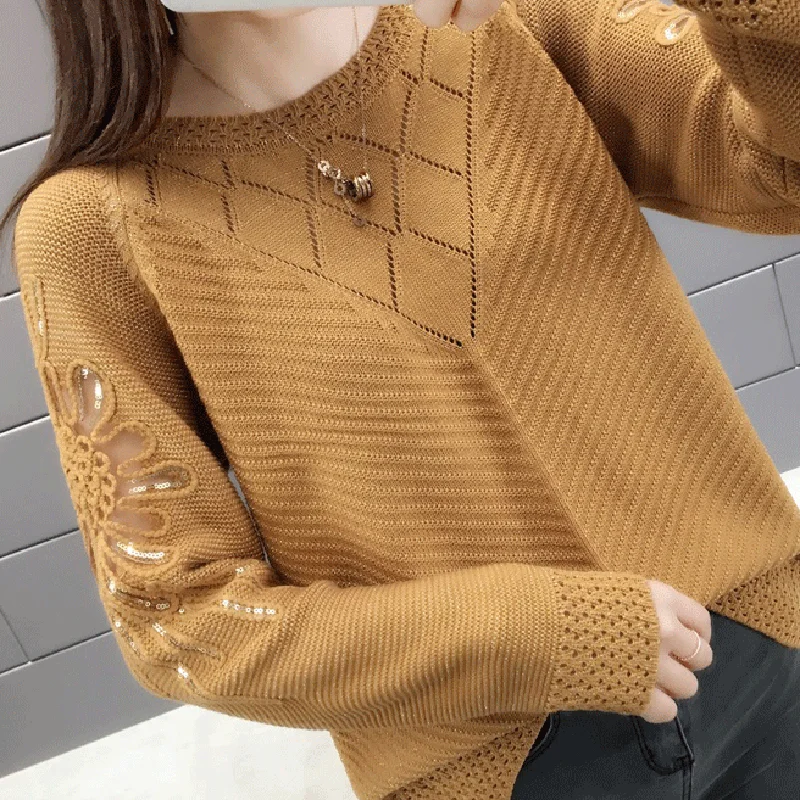 

NewKorean Style Hollow Out Sweaters Women 2023 Spring Fashion Glitter Knitted Jumper Woman Short Loose-fitting Female Top