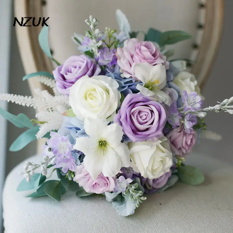 

NZUK Purple Artificial Rose Bride Flower Wedding Bouquet Boeket Bloemen Flowers Bridal Bouquets Accessory Ramo Flores Novia