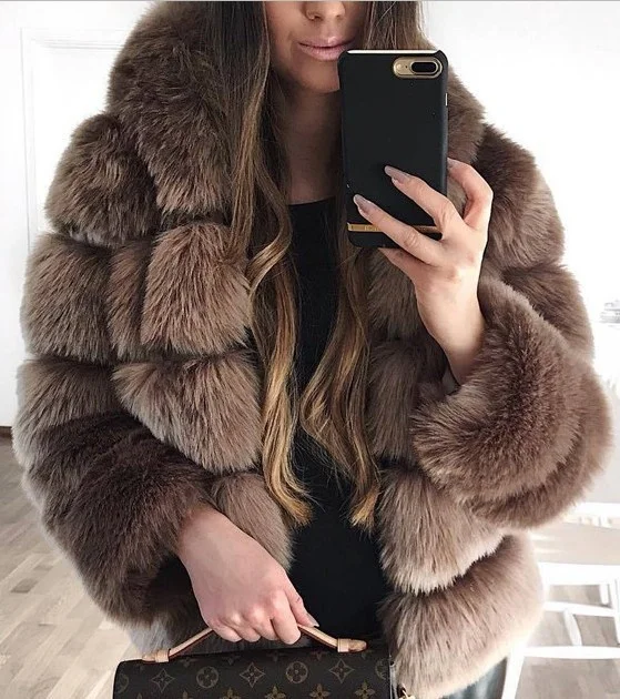 furry coat faux Fur top fabric china with cap splicing imitation grass artificial streetwear cute jacket tunic womens winter