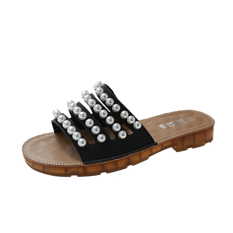 

New Luxury Brand Pearl Design Women's Slippers Summer Leather Women's Sandals Casual Outdoor Flat Bottom Women's Beach Shoes