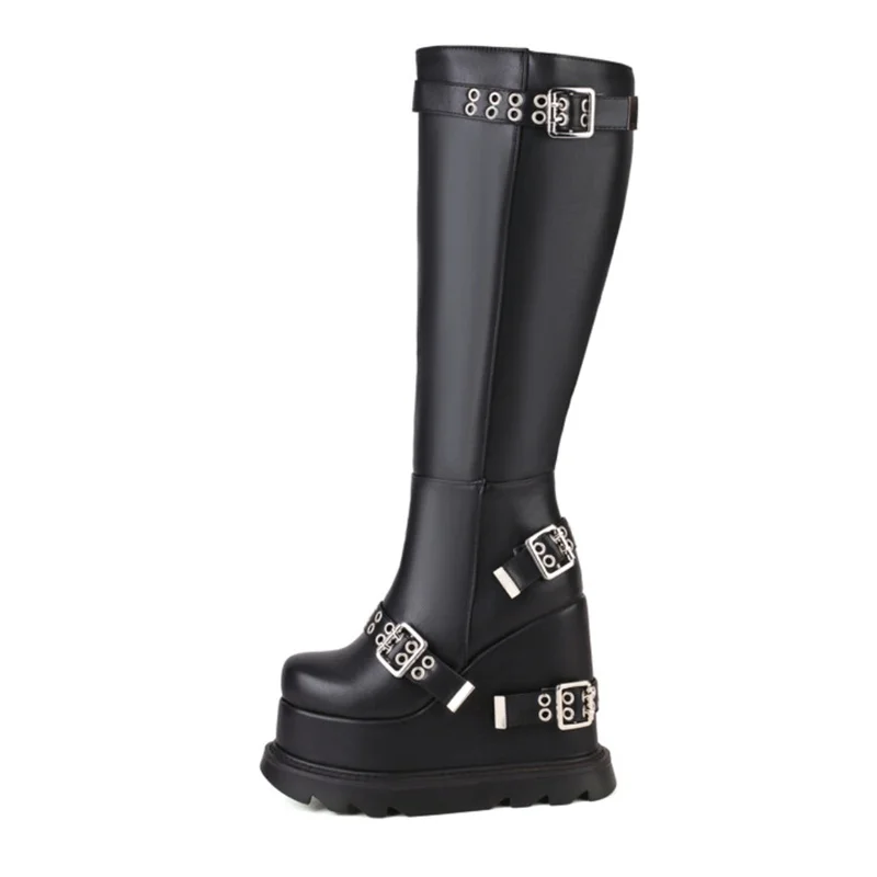 

LILYPTUART ZA Platform Boots, Women, Winter 2022 Round Toe Belt Buckles Punk style Motorcycle Wedge Boots , Women's Heeled Shoe