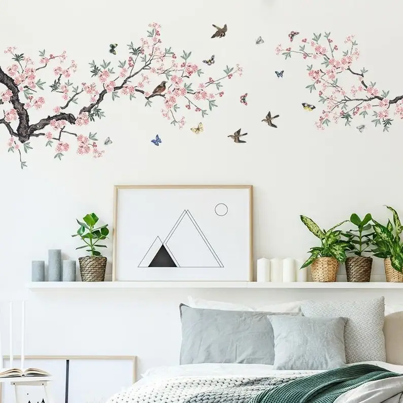 

Hand painted twig wall stickers, watercolor branch murals, bird and branch, hanging branch wall decals, Personalised wall sticke