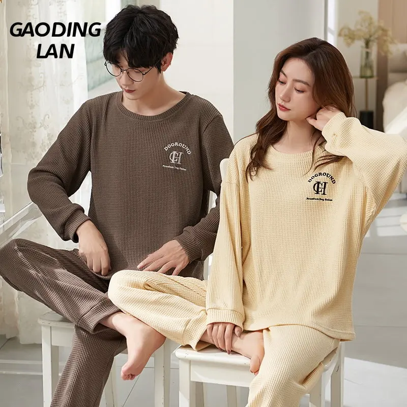

Autumn Winter Pure Cotton Long Sleeve Men Pajamas Set Couple Letter Print 2piece Pyjamas Suit Sweet Round Neck Sleepwear 7106