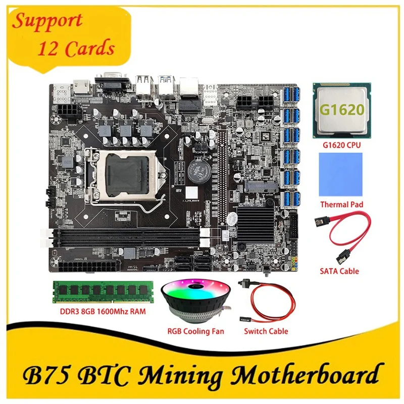 

B75 BTC Mining Motherboard 12 PCIE To USB LGA1155 DDR3 8GB 1600Mhz RAM+G1620 CPU+SATA Cable B75 ETH Miner Mining
