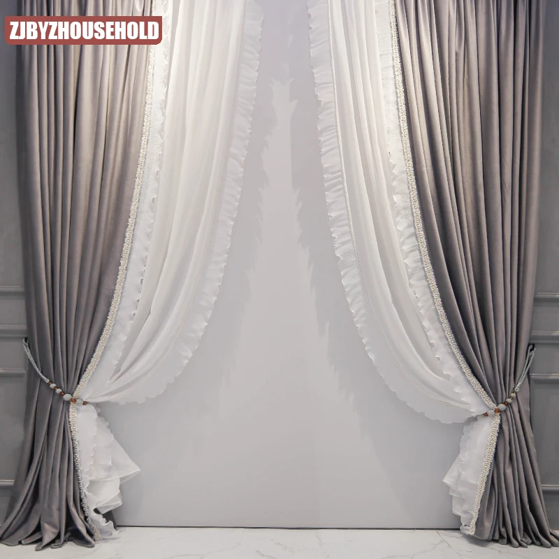 

Gray Velvet Curtains for Living Room Bedroom Villa French Light Luxury Champagne Romantic Blackout Window Lace Simple Noble