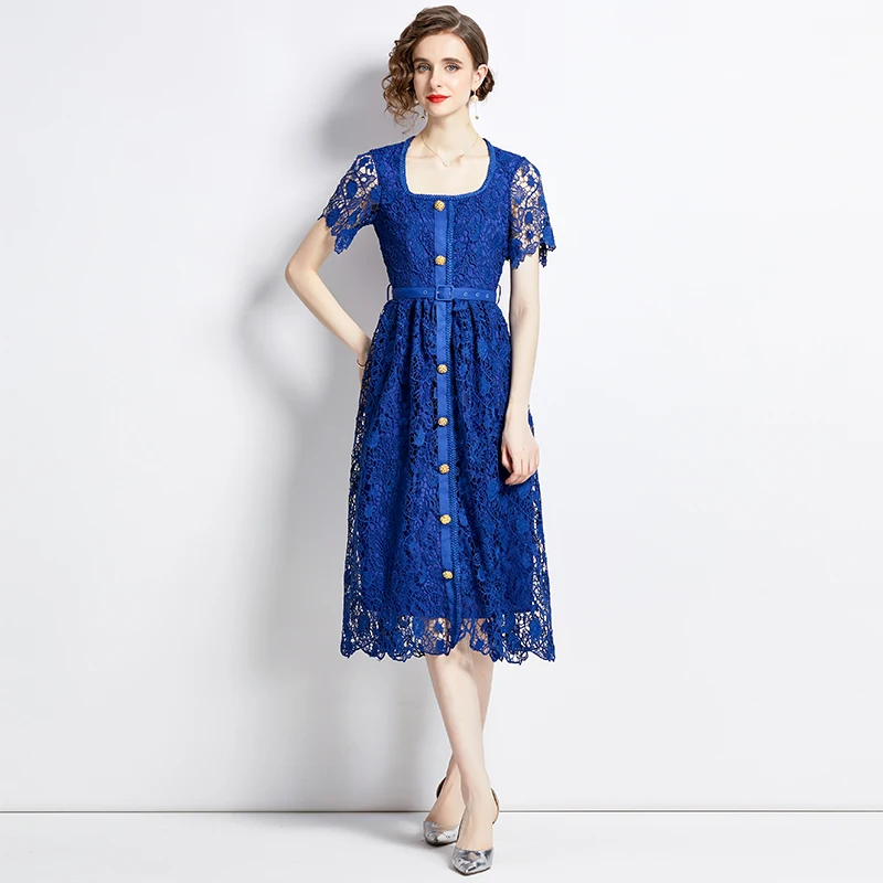 

Женское винтажное Кружевное платье миди, элегантное голубое ажурное платье с водорастворимым кружевом, квадратным вырезом и золотыми пуговицами, лето 2023