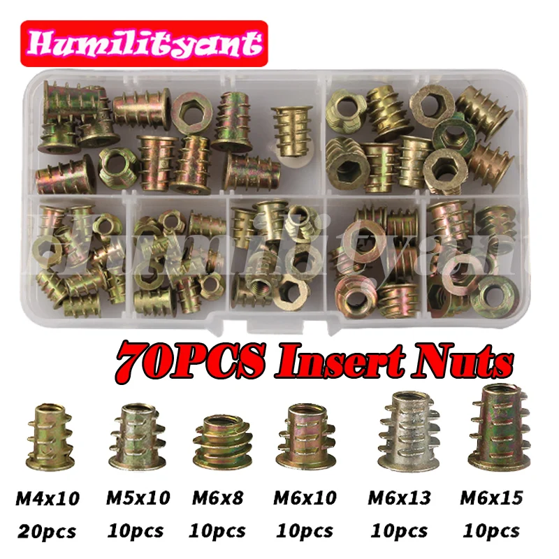 

70PCS Insert Nut M4 M5 M6 Zinc Alloy Thread For Wood Insert Nut Flanged Hex Drive Head Furniture Nuts Assorted Kit