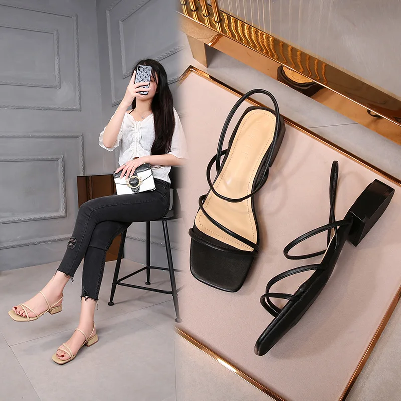 Summer Women Sandals 34-43 Big Size Square Toe Narrow Band Flip Flops Chunky Low Heels Gladiator Sandalias Open Toe Brief Sandal