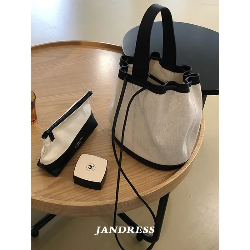 

Korean Black White Stitching Canvsa Tote Bag Women Drawstring Canvas Shopper Bag Female Leather Strap Bucket Bag Shoulder Bag