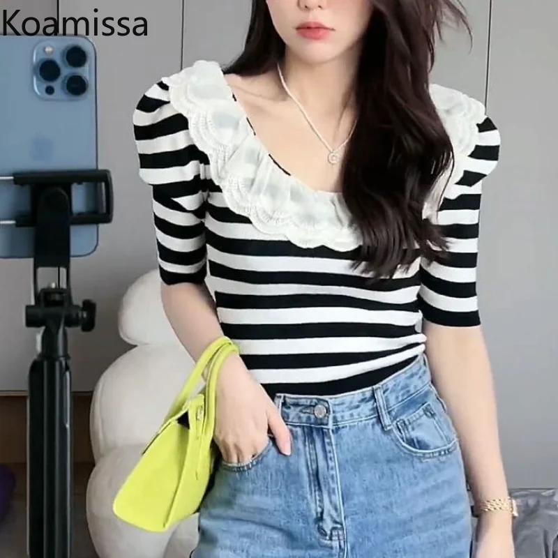 

Koamissa Thin Women Short Sleeve T-shirt 2023 New Summer Ladies O-neck Sweet Tshirt Korean Chic All Match Slim Tees Dropshipping