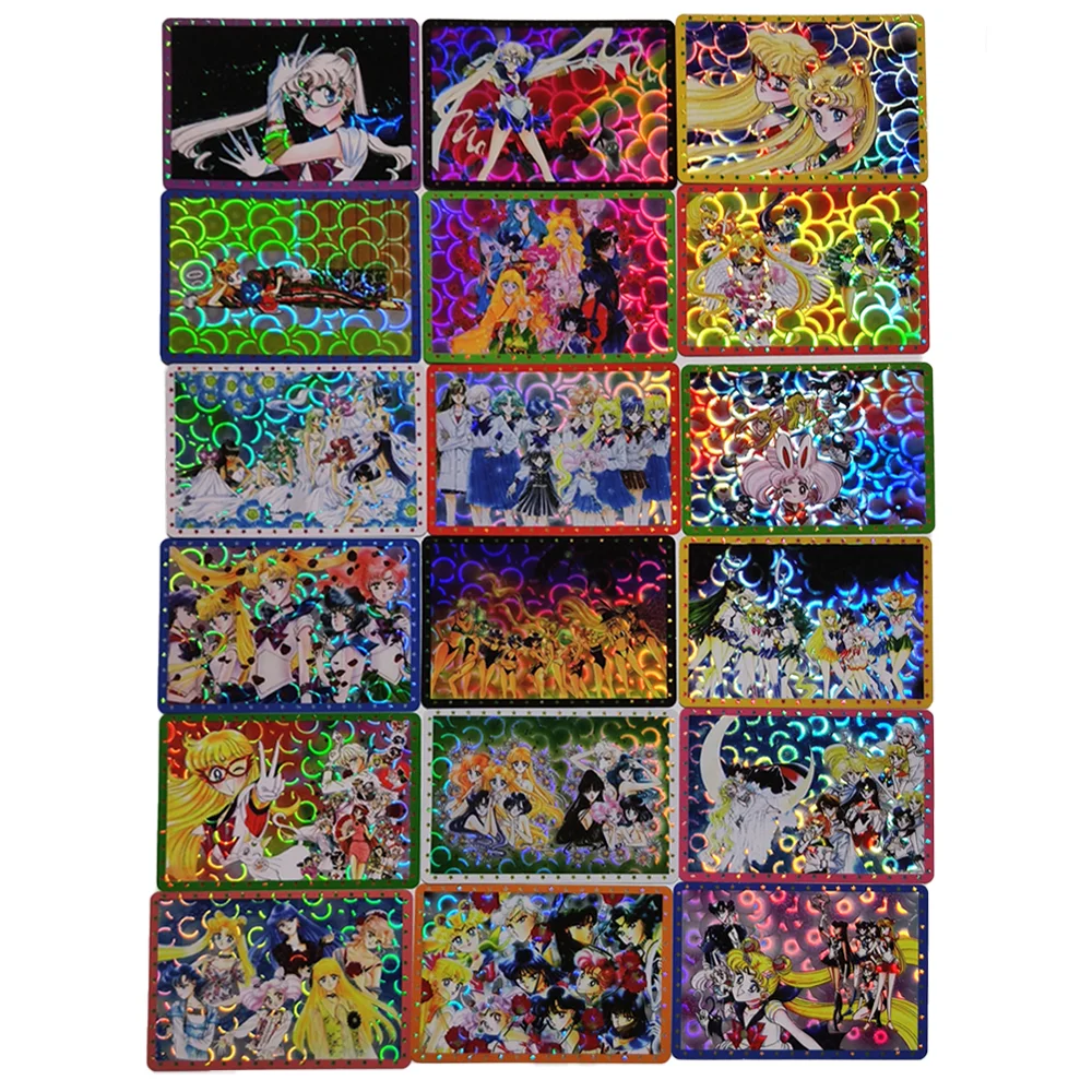 

18Pcs/set Anime Girl Tsukino Usagi Mizuno Ami Hino Rei Aino Minako Kino Makoto Church Style Stained Glass Flash Card