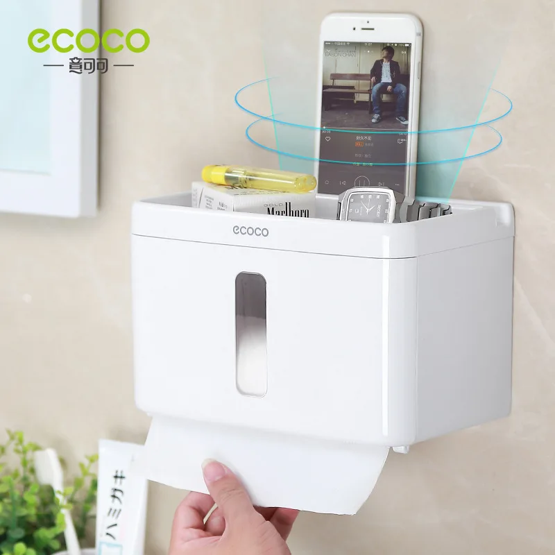 

ECOCO Wall Mount Bathroom Tissue Box Punch-Free Phone Rack Case Toilet Paper Holder Waterproof Shelf Organizer Paper Organizer