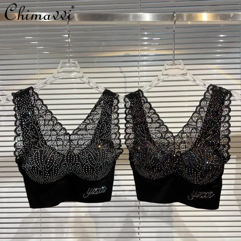 

2022 Summer New Letter Rhinestone Lace Crocheted Chest Pad Top for Ladies V-neck Sleeveless Black Short Tank Women's