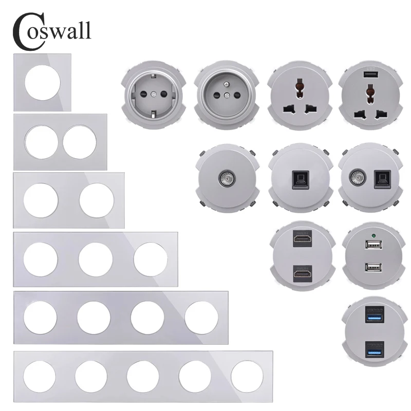 

Европейская французская настенная розетка COSWALL R11, самодельная комбинация, USB зарядное устройство, женский стандарт, 3.0, ТВ, RJ45, CAT6 модули, бел...