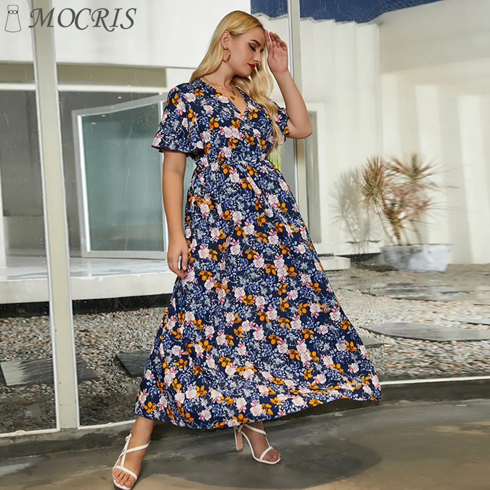 

MOCRIS European and American Oversized Summer Dresses for Women Flower Pattern Flare Sleeves Show Thin Large Swing Skirt 2023