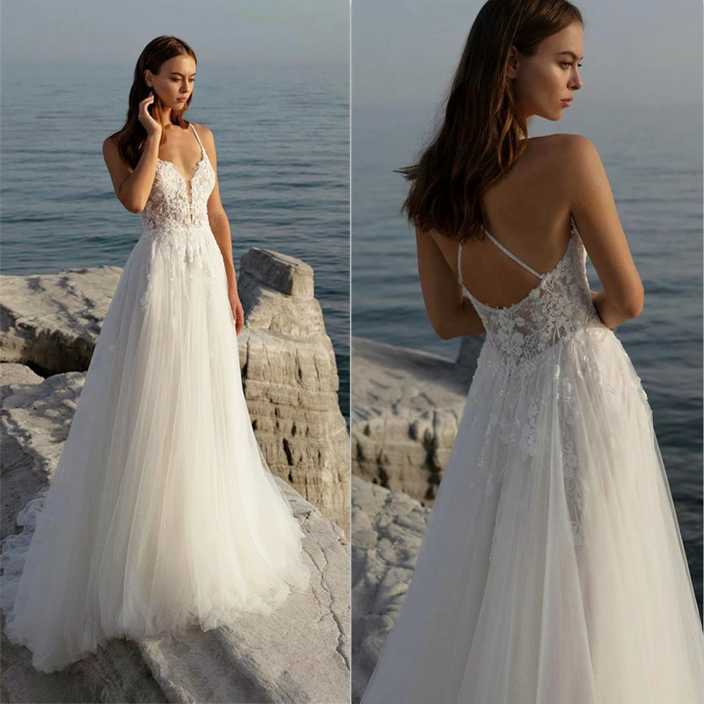 

2022 Aviana Boho Lace Appliqué V-Neck Wedding Dress For Women A-Line Sleeveless Tulle Sweep Train Bridal Gown Robe De Mariée