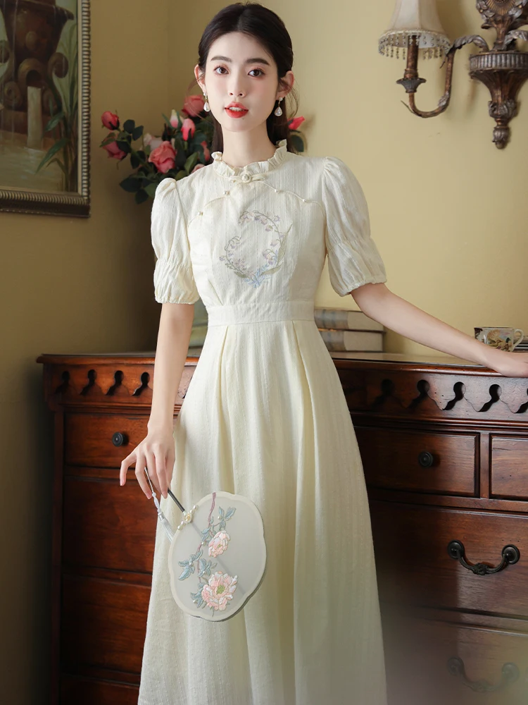 

2023 summer new literary and retro girl style embroidery national style dress improved waist skirt